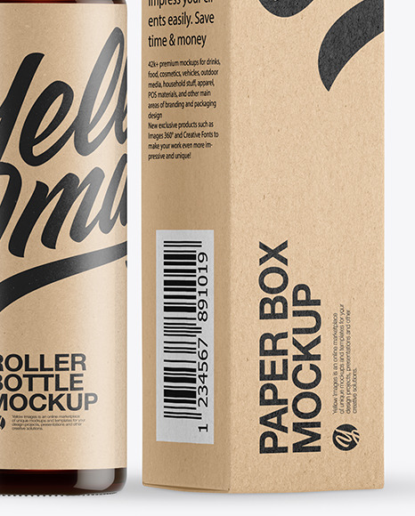 Dark Amber Glass Roller Bottle with Kraft Box Mockup