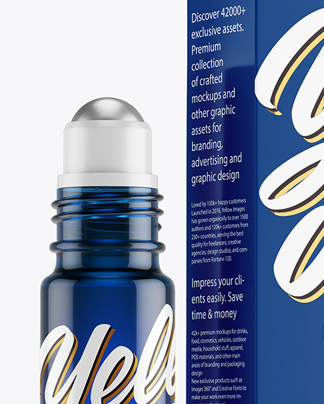 Blue Glass Roller Bottle with Box Mockup