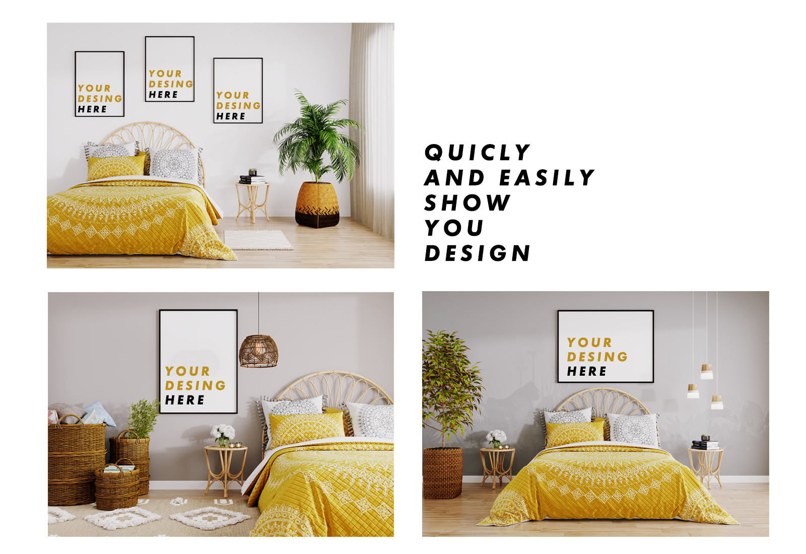 5 mockup posters in yellow bedroom