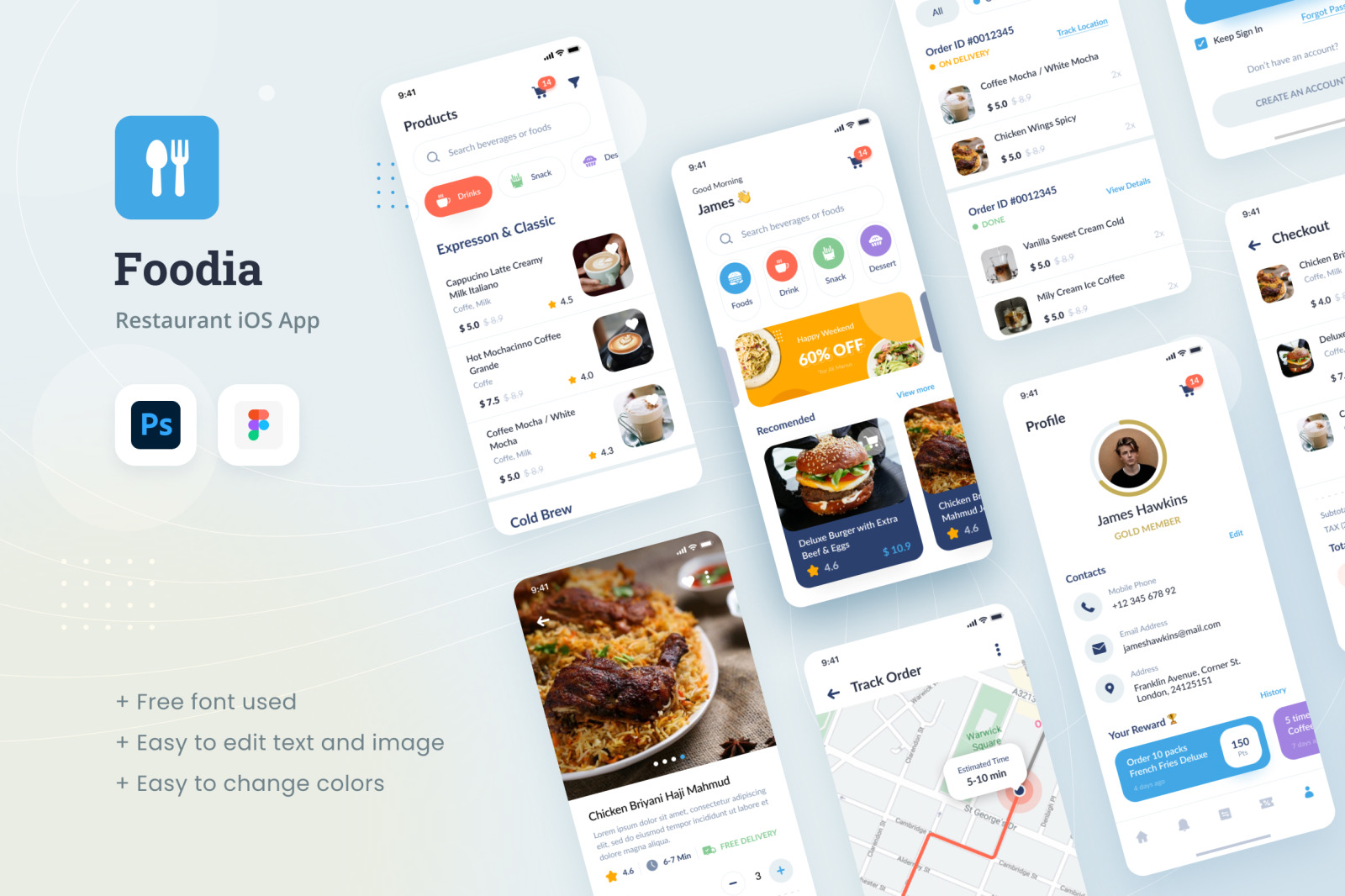 Foodia - Restaurant iOS App Design UI Template