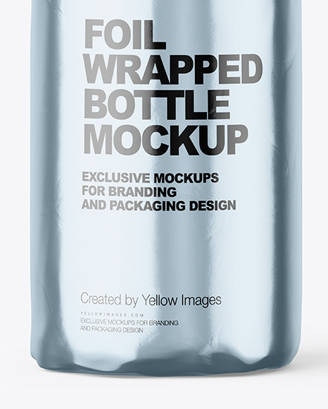 Glossy Metallic Foil Bottle Wrapping With Rope Mockup - Front View