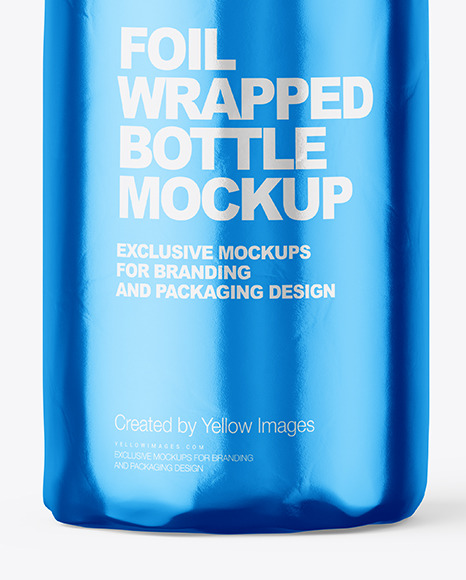 Glossy Metallic Foil Bottle Wrapping With Rope Mockup - Front View