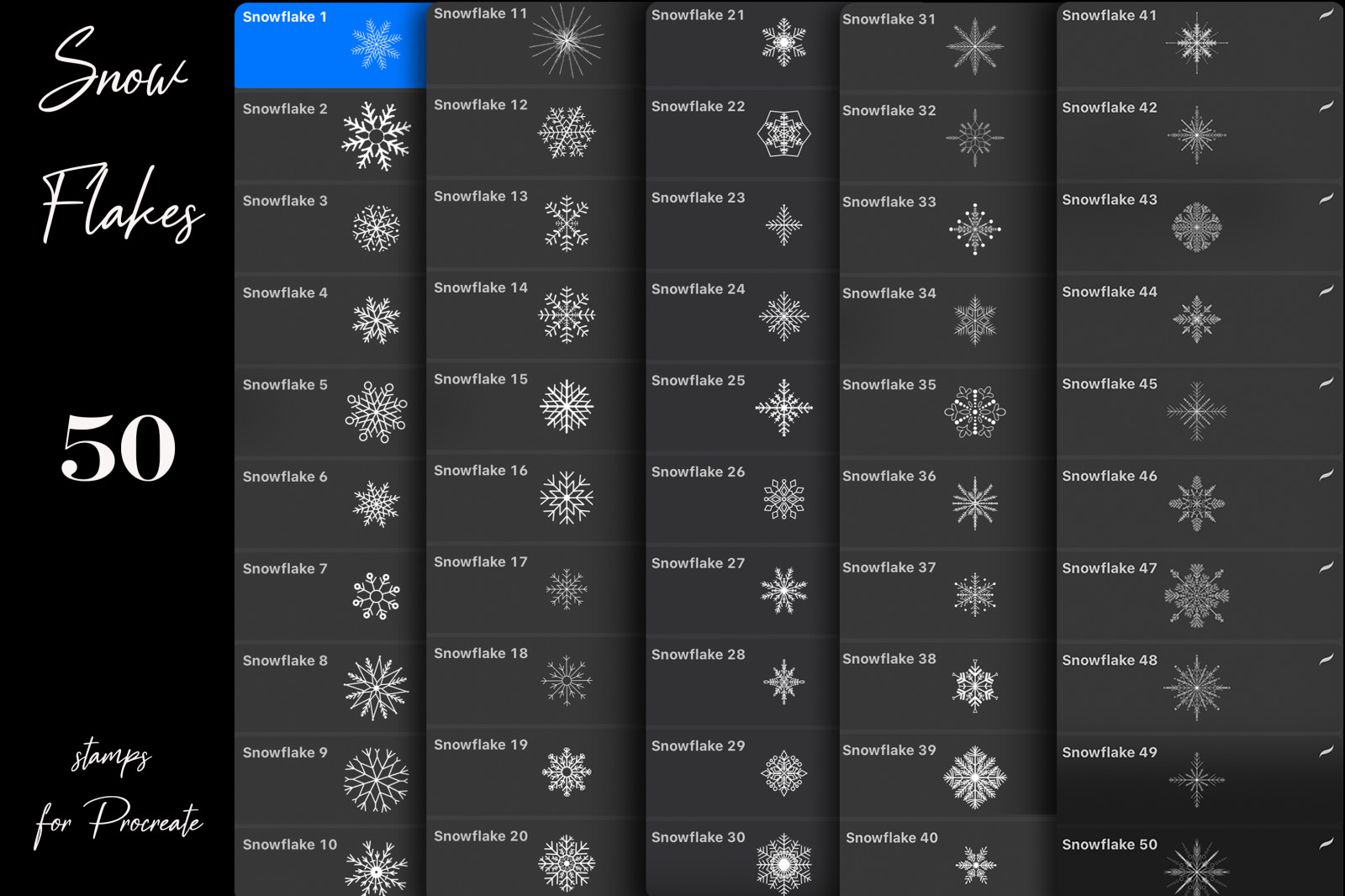 50 Snowflake Stamps for Procreate