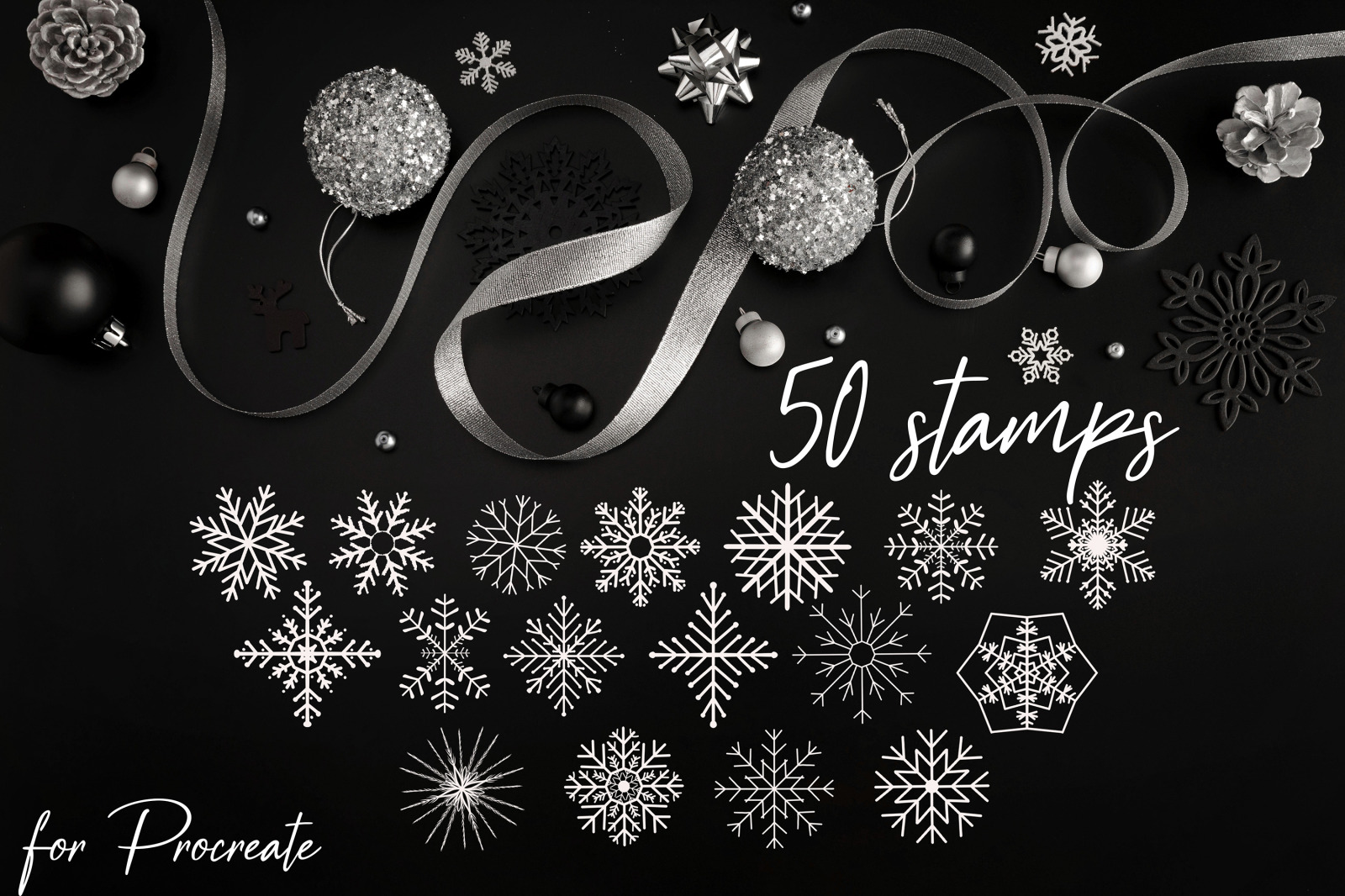 50 Snowflake Stamps for Procreate