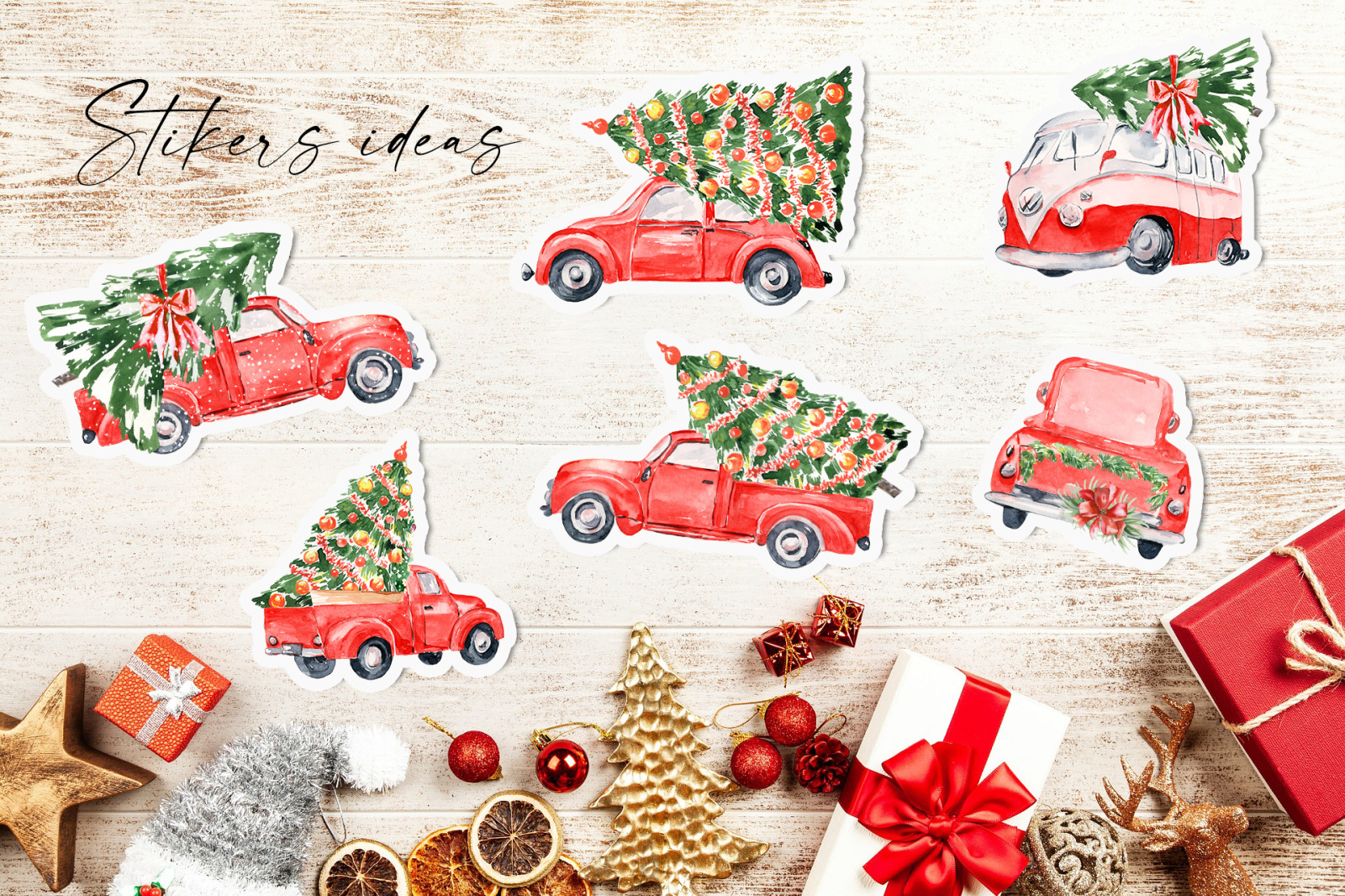 Watercolor red christmas truck clipart, Hand drawn vintage red truck with christmas tree png