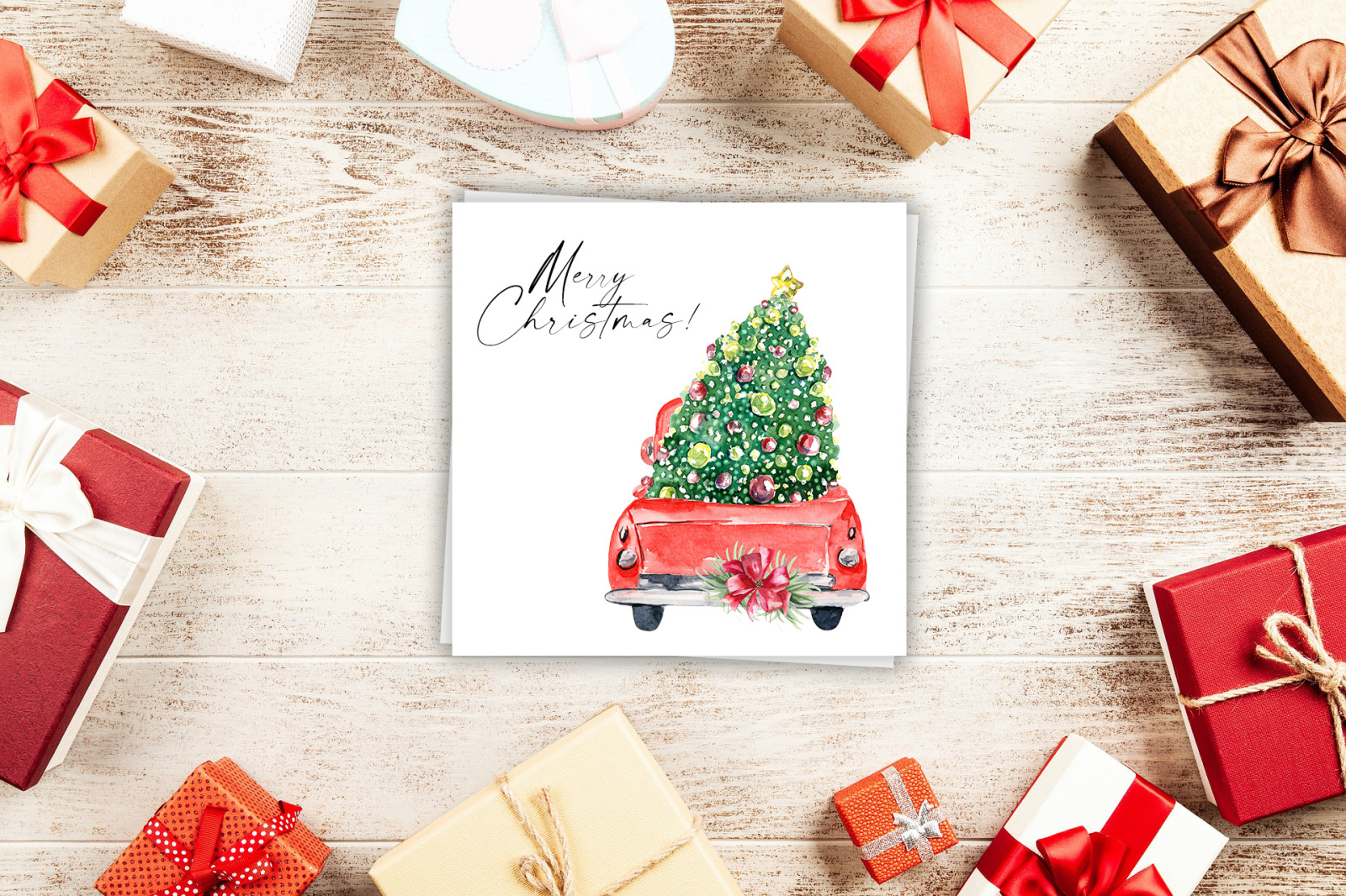 Watercolor red christmas truck clipart, Hand drawn vintage red truck with christmas tree png