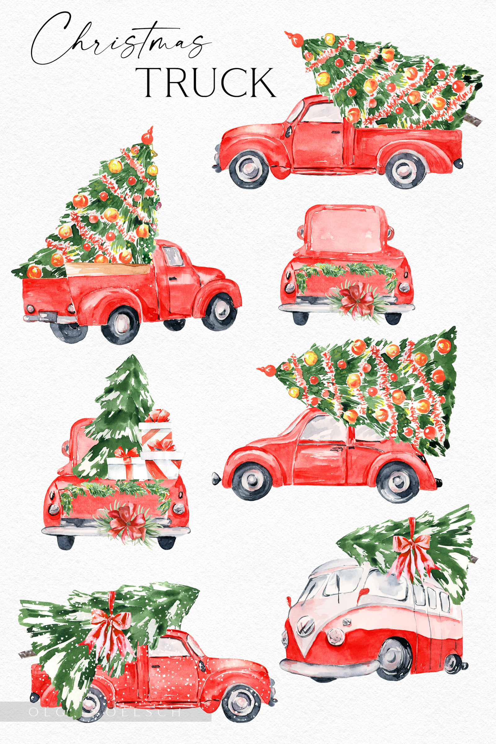 Watercolor red christmas truck clipart, Hand drawn vintage red truck with christmas tree png