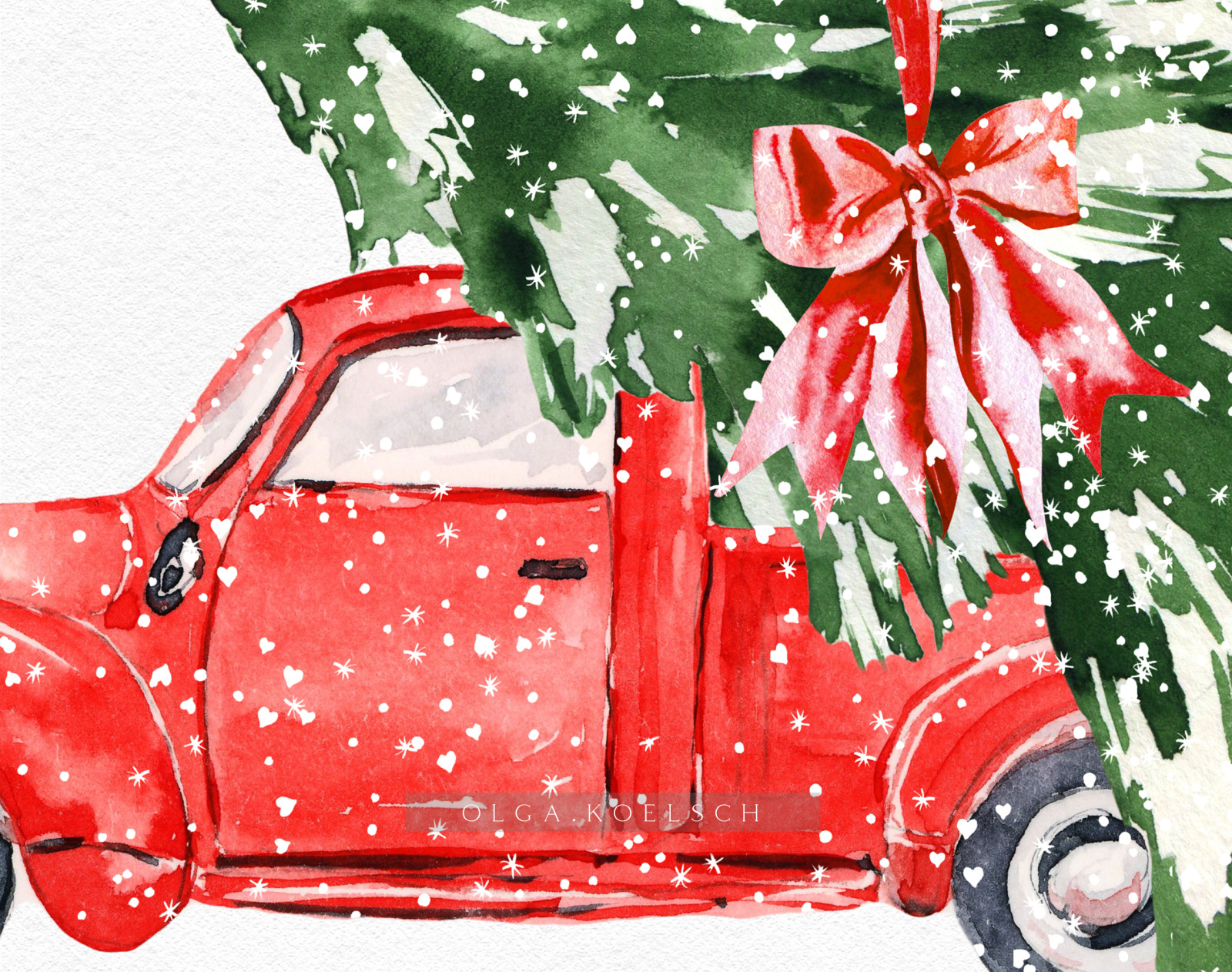 Watercolor red christmas truck clipart, Hand drawn vintage red truck with christmas tree png