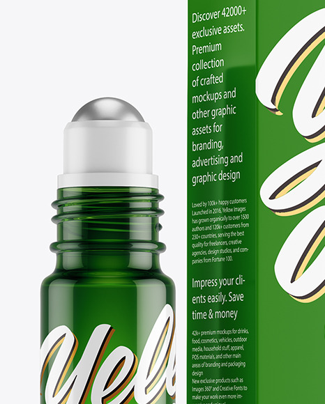 Green Glass Roller Bottle with Box Mockup