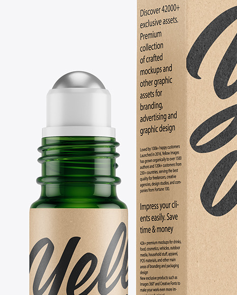 Green Glass Roller Bottle with Kraft Box Mockup