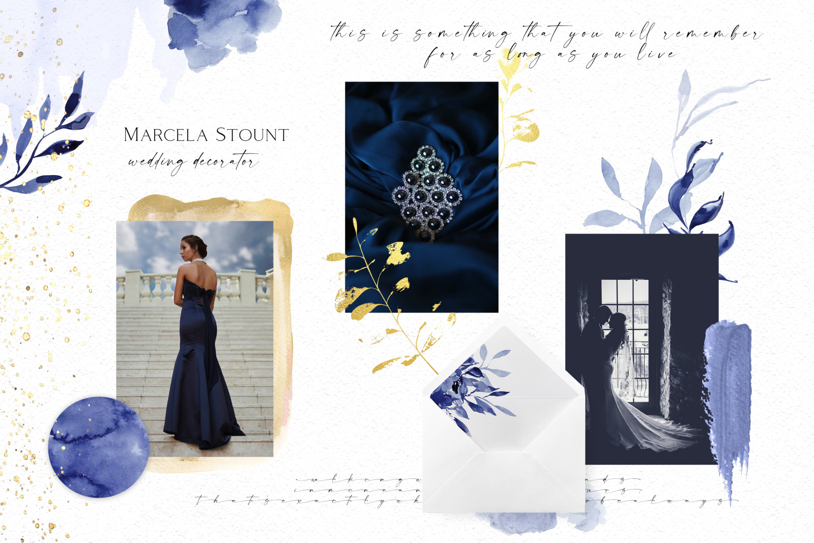 Navy blue watercolor graphics for wedding invitations, wedding templates, social media, instagram, W