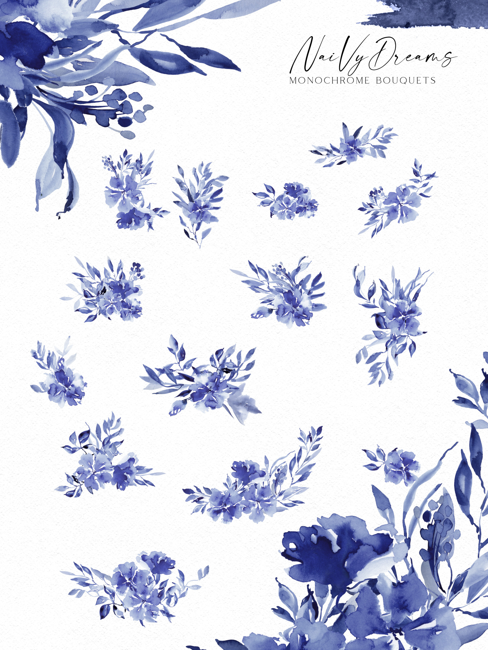 Navy blue watercolor graphics for wedding invitations, wedding templates, social media, instagram, W