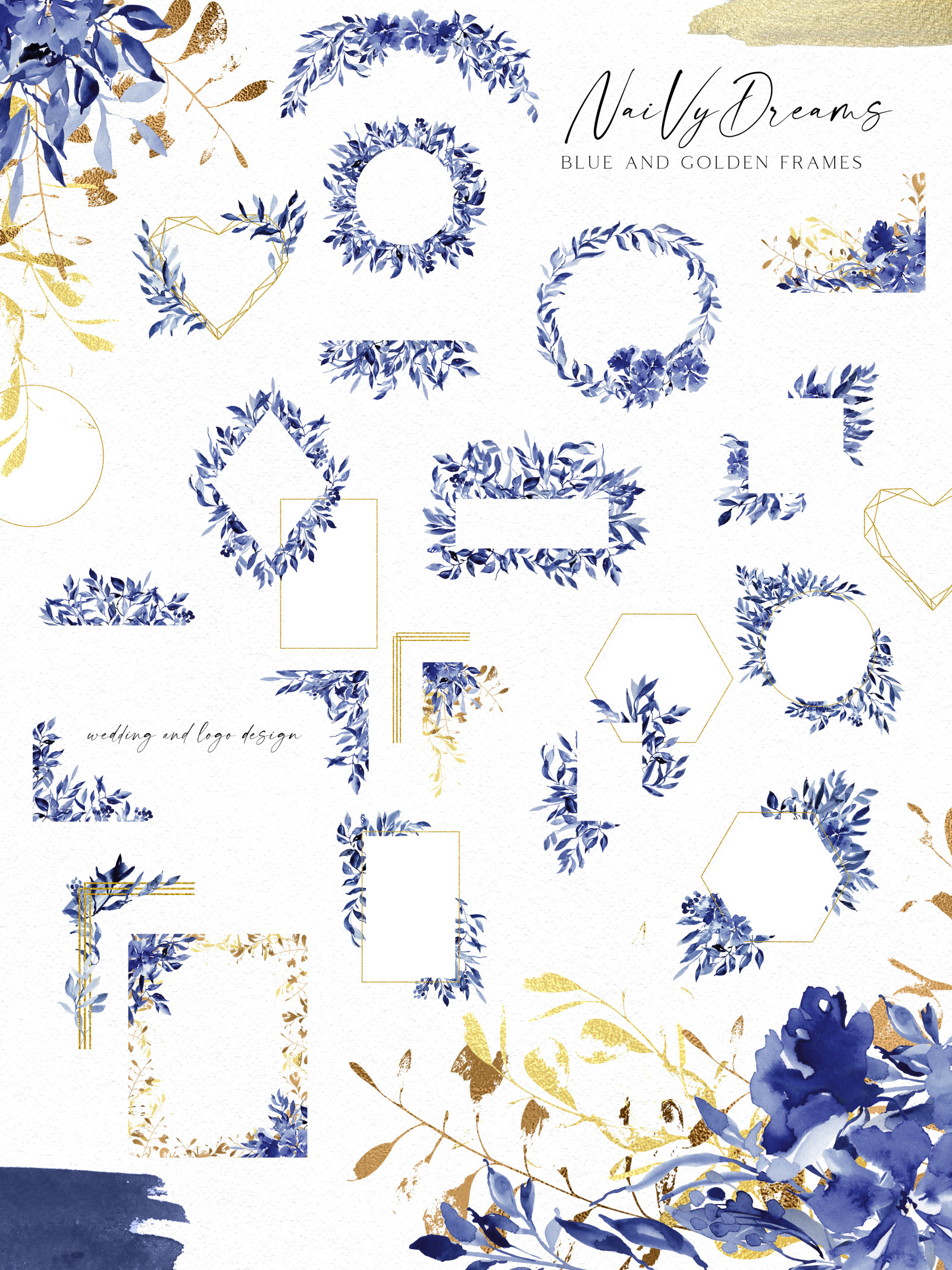 Navy blue watercolor graphics for wedding invitations, wedding templates, social media, instagram, W