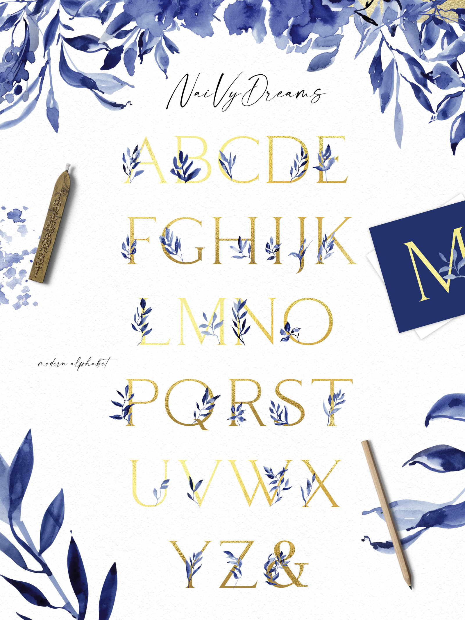 Navy blue watercolor graphics for wedding invitations, wedding templates, social media, instagram, W