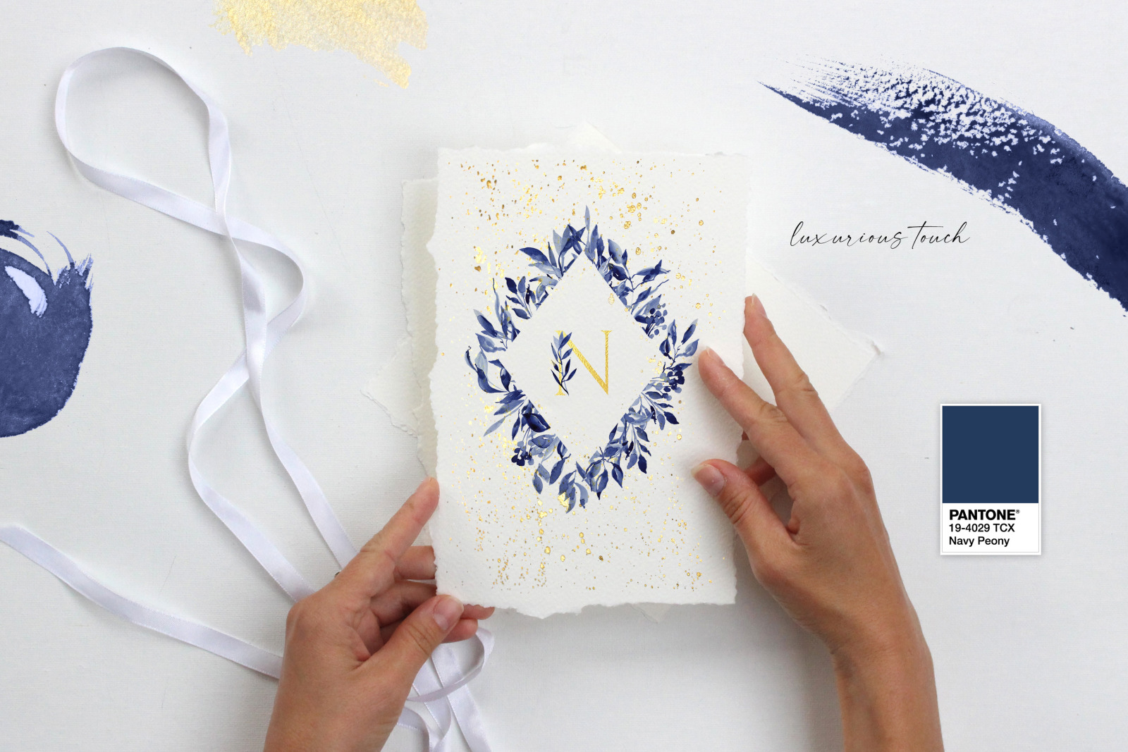 Navy blue watercolor graphics for wedding invitations, wedding templates, social media, instagram, W