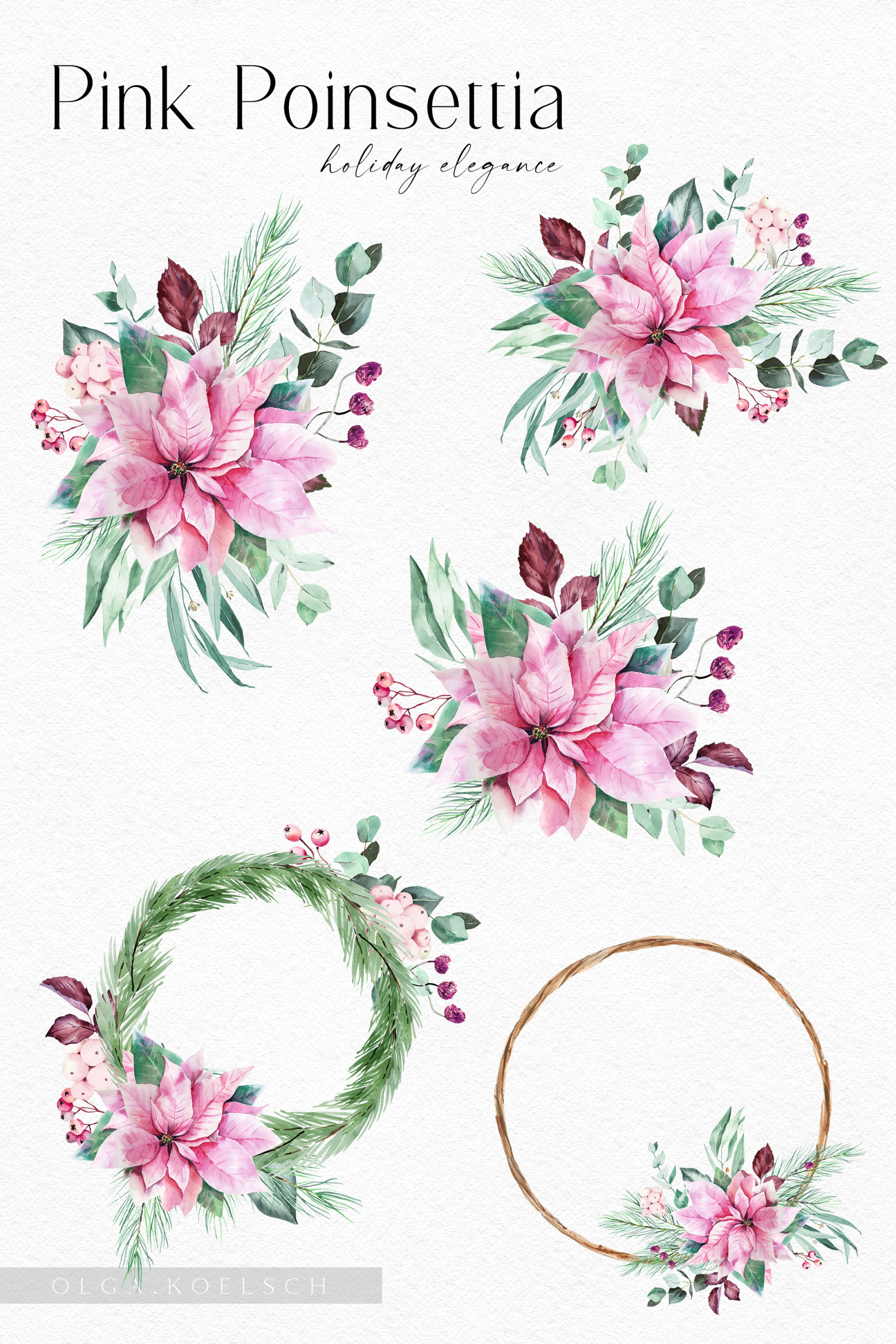 Watercolor Pink poinsettia and eucalyptus clipart, Pink Christmas decoration for digital scrapbookin Watercolor Pink poinsettia and eucalyptus clipart, Pink Christmas decoration for digital scrapbookin