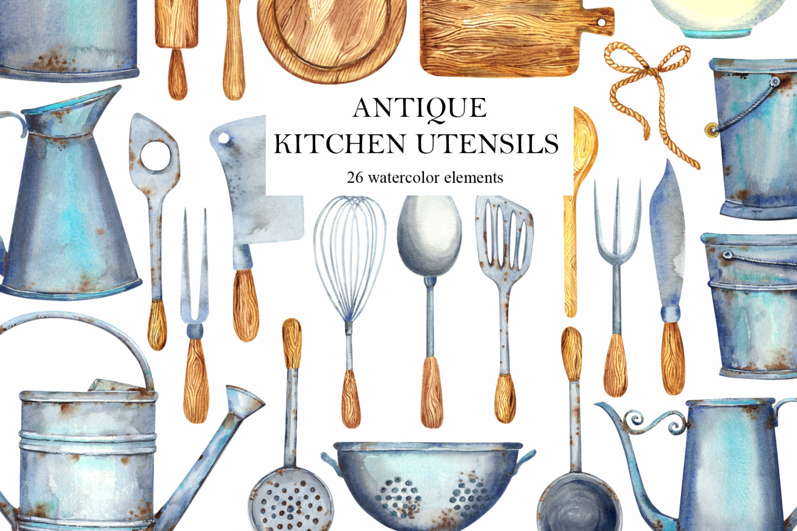 Watercolor ANTIQUE KITCHEN UTENSILS Watercolor ANTIQUE KITCHEN UTENSILS