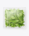 Transparent Plastic Container with Green Spinach Leaves Mockup - Top View