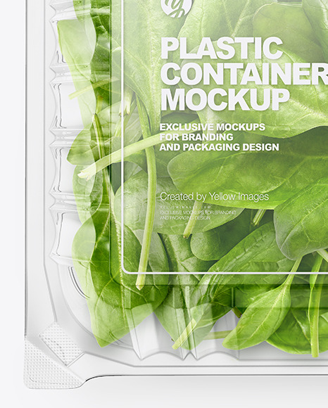 Transparent Plastic Container with Green Spinach Leaves Mockup - Top View