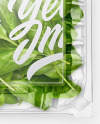 Transparent Plastic Container with Green Spinach Leaves Mockup - Top View