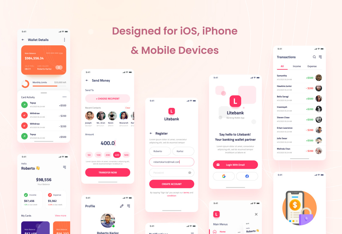 Litebank - Banking Wallet iOS App Design UI