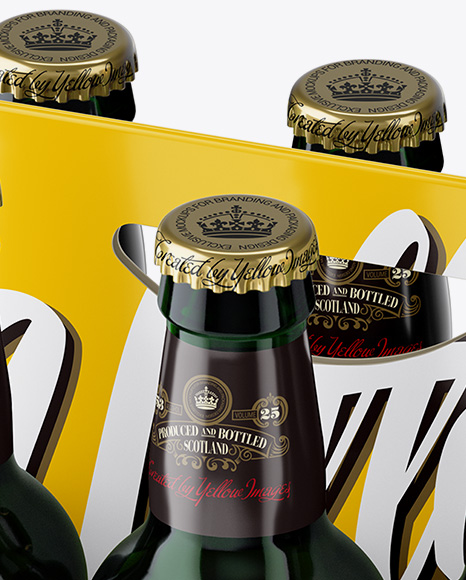 White Paper 6 Pack Green Bottle Carrier Mockup - Half Side View (High-Angle Shot)