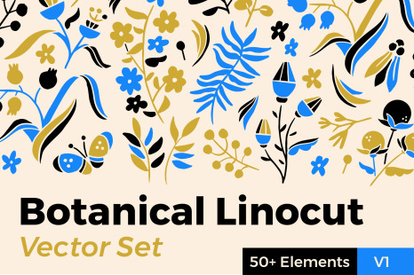 Botanical Linocut Vector Set - Flowers and nature