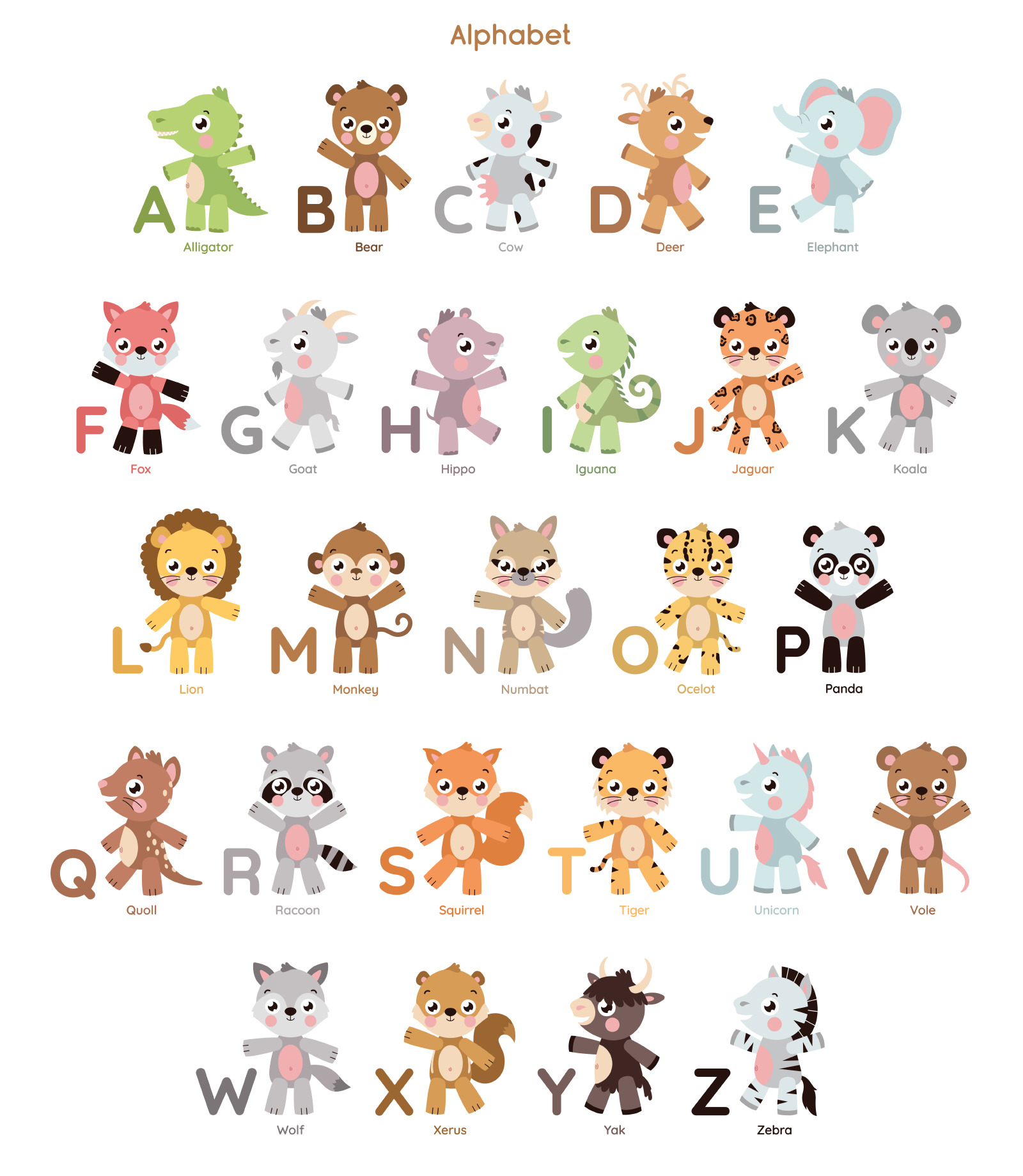 Animal illustration set. Cute animal prints. Animal alphabet, patterns and stickers