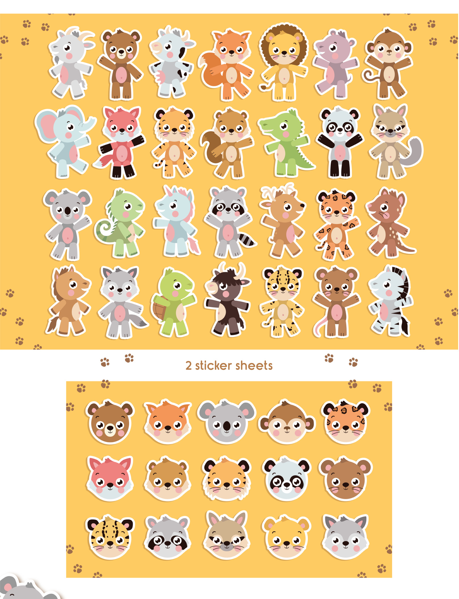 Animal illustration set. Cute animal prints. Animal alphabet, patterns and stickers