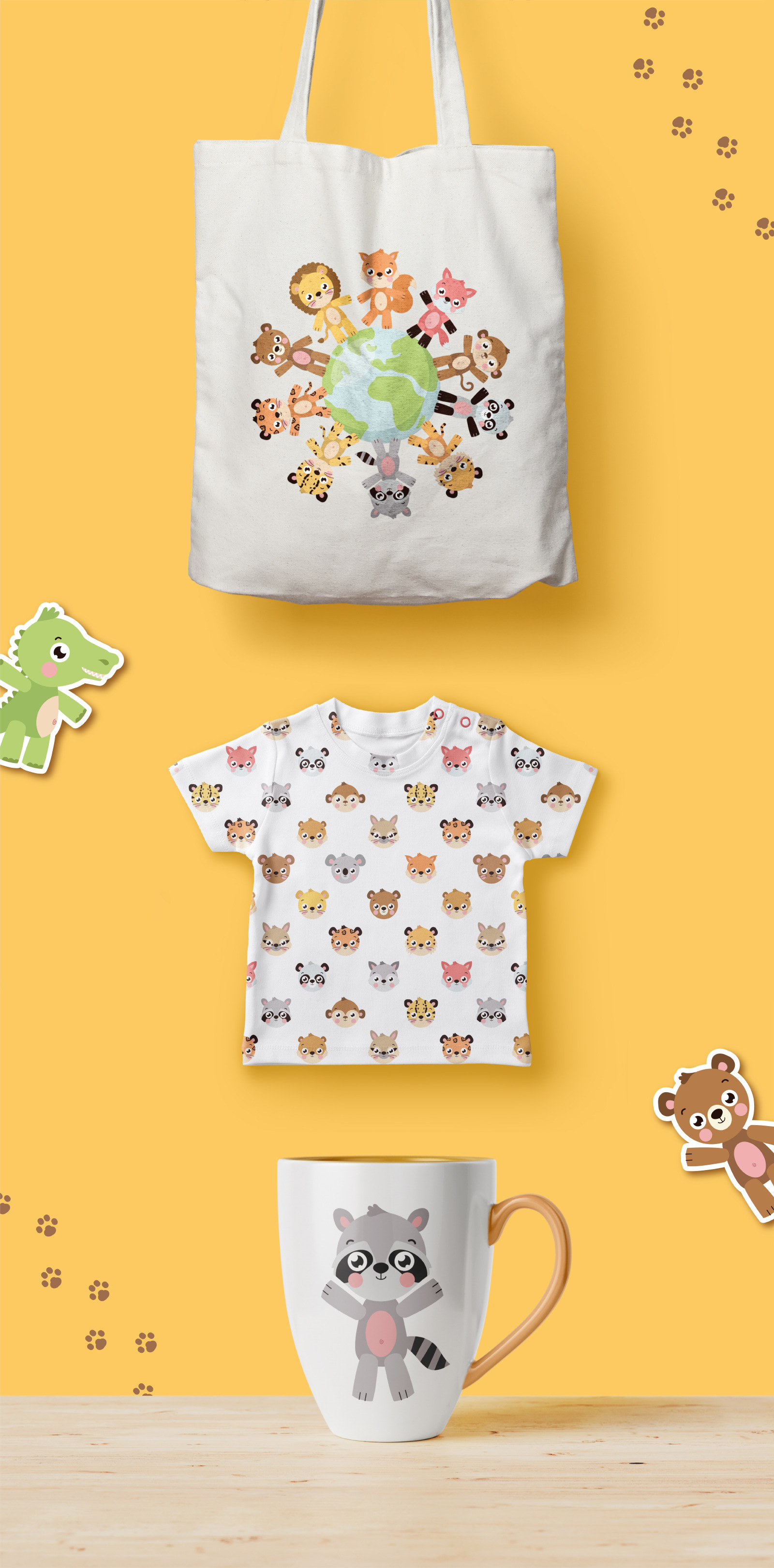 Animal illustration set. Cute animal prints. Animal alphabet, patterns and stickers