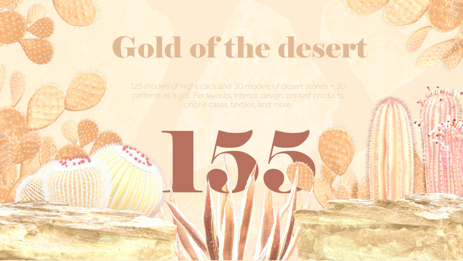 Gold of the desert #01, 155 cactus and rock mockups + 30 patterns