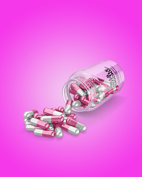 Clear Bottle with Metallized Pills Mockup