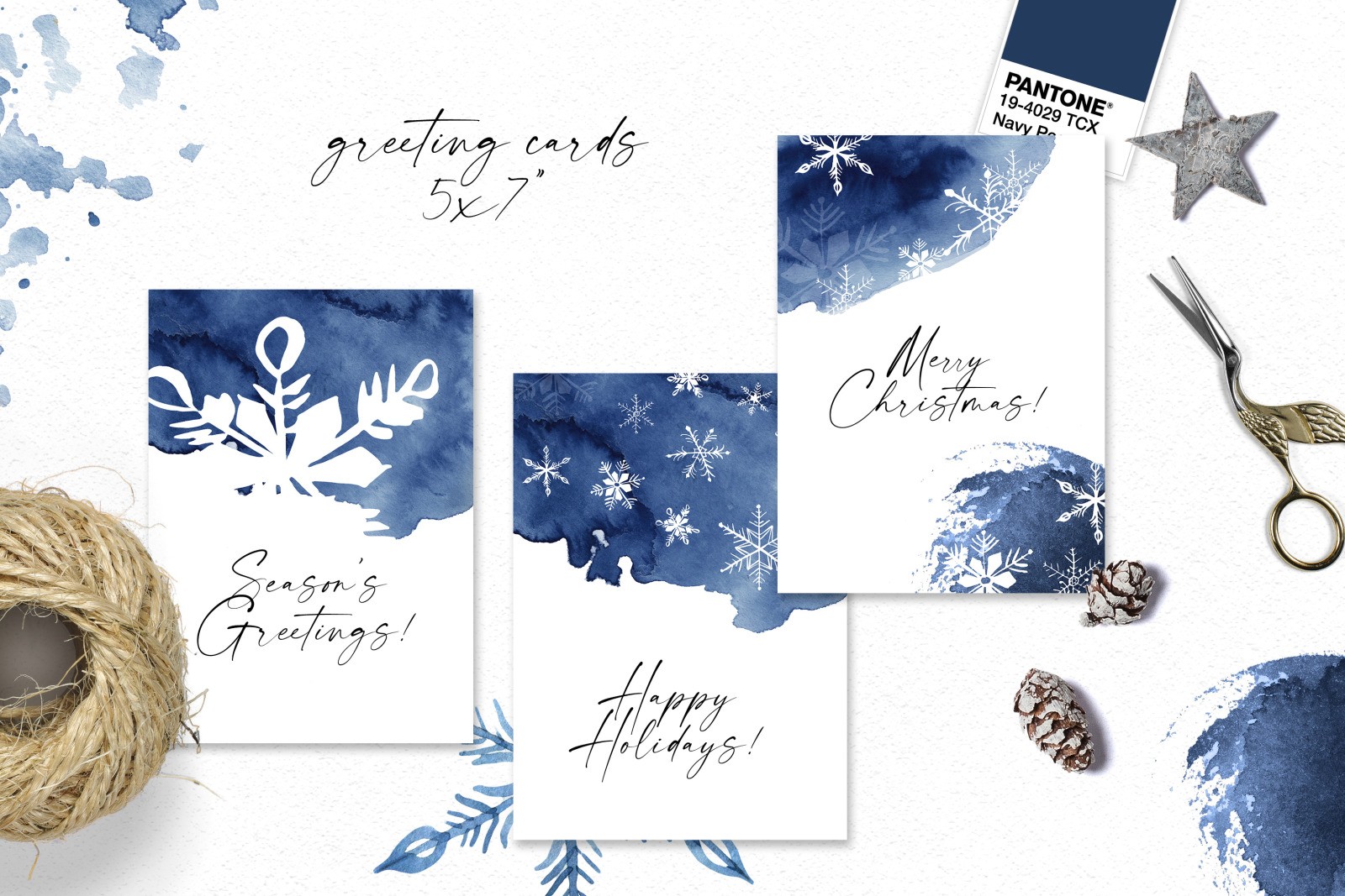 Snowfalkes clipart, Watercolor winter holiday clipart, hand drawn navy blue snowflakes for planner o