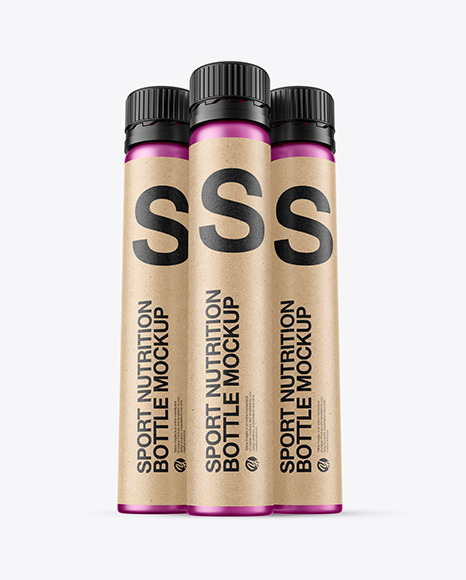 Three 25ml Matte Metallic Sport Nutrition Bottles Mockup