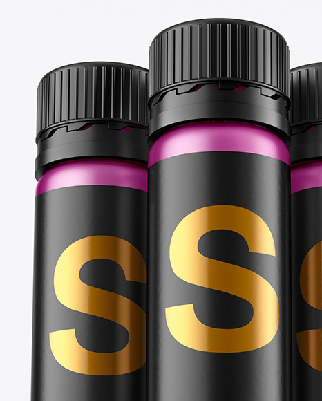 Three 25ml Matte Metallic Sport Nutrition Bottles Mockup