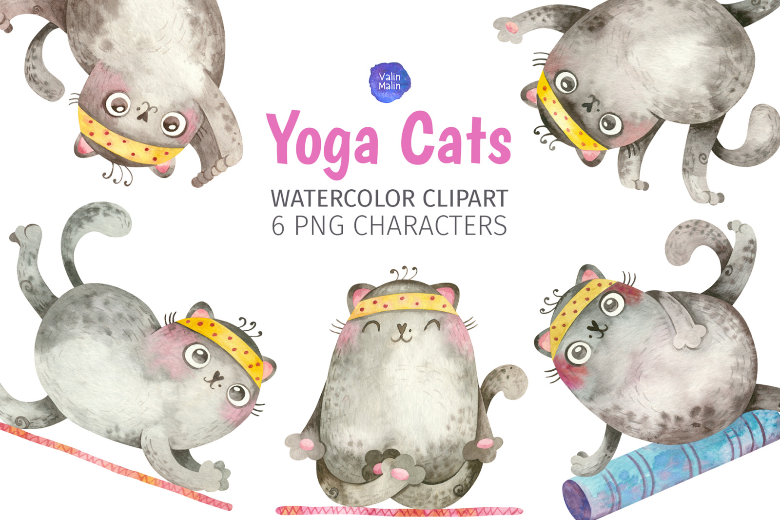 Watercolor yoga clipart with cute cats clipart for yoga stickers, yoga poster