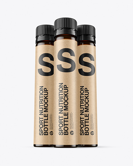 Three 25ml Amber Sport Nutrition Bottles Mockup