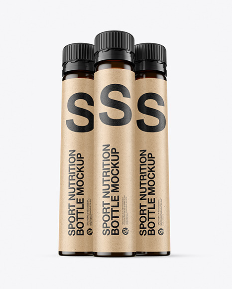 Three 25ml Dark Amber Sport Nutrition Bottles Mockup