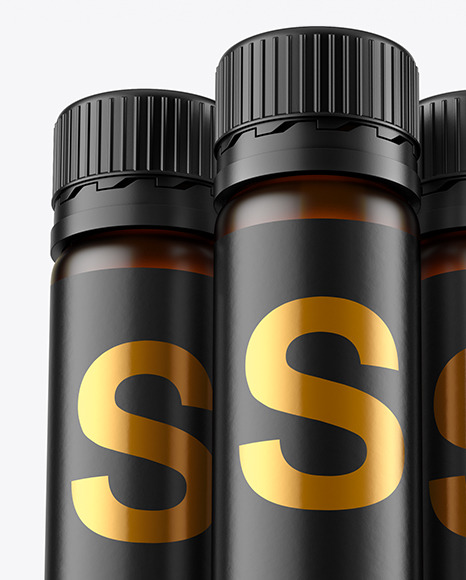 Three 25ml Dark Amber Frosted Sport Nutrition Bottles Mockup