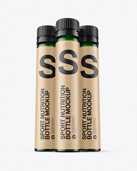 Three 25ml Green Frosted Sport Nutrition Bottles Mockup