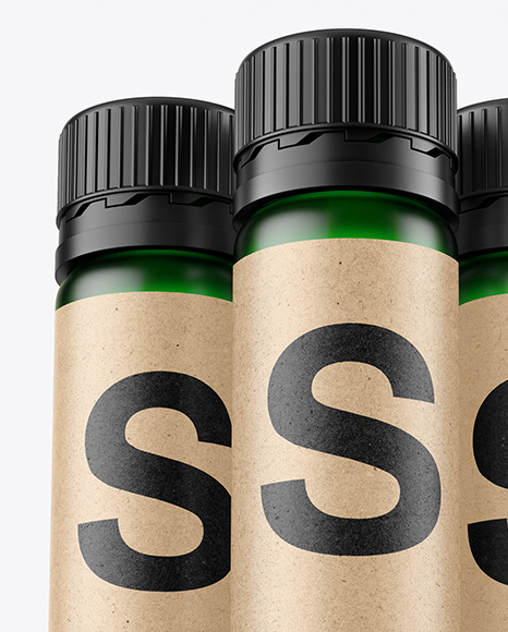 Three 25ml Green Frosted Sport Nutrition Bottles Mockup