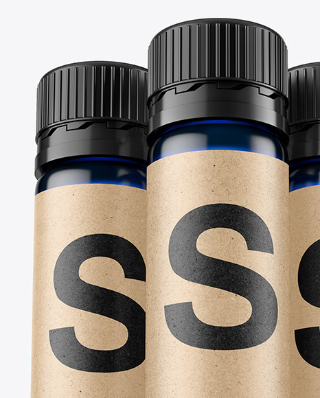 Three 25ml Blue Sport Nutrition Bottles Mockup