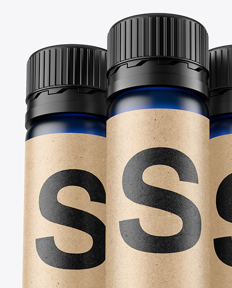 Three 25ml Blue Frosted Sport Nutrition Bottles Mockup