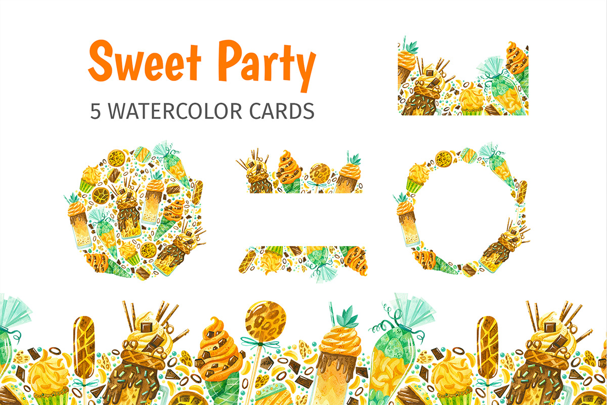 Watercolor Bakery clipart with macaron, ice cream, candy. Birthday safari invitation transparent png