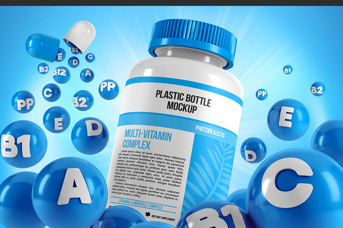 Plastic Pill Bottle With Colorful Vitamins Mockup Plastic Pill Bottle With Colorful Vitamins Mockup